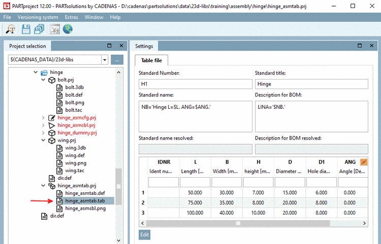 Assign standard name (here 'Hinge L=$L.Winkel=$ANG.')