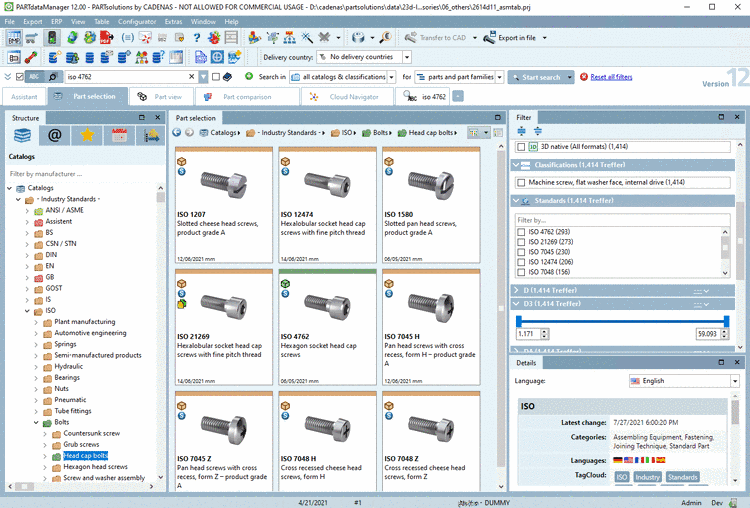 PARTdataManager with tabbed page "Part selection"