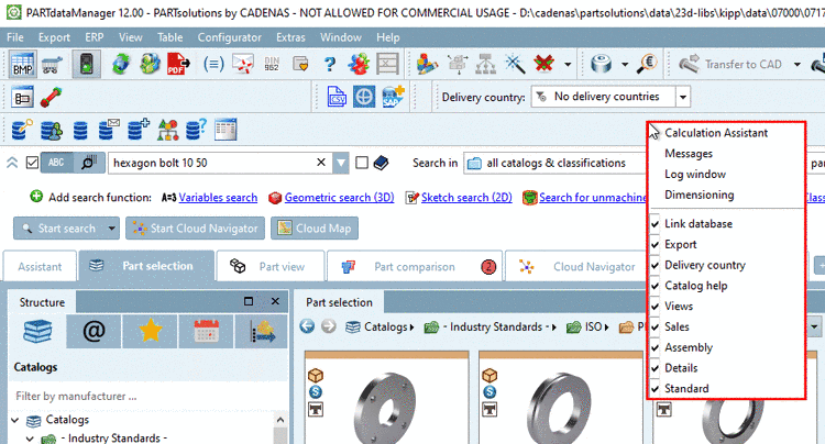 Part selection: Show / hide dockings