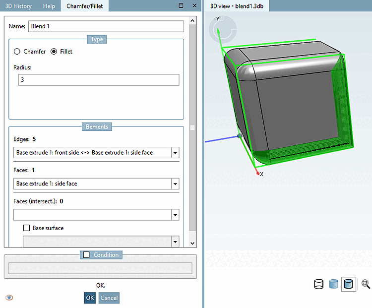 Preview with "Change [Change] " option -- One edge is currently being edited, several others are already part of the blend and are displayed with edge visualization [Edge visualization].