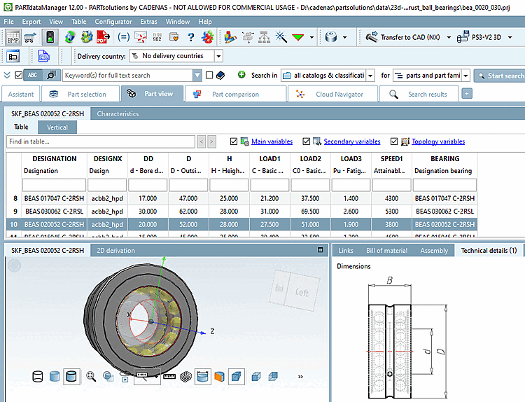 PARTdataManager -> Parts view [Part view] -> 3D view / Technical specifications [Technical details]