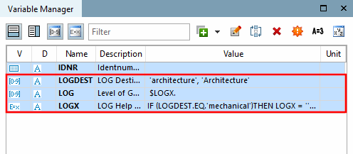 Variable manager [Variable Manager] with LOGDEST, LOG, LOGX