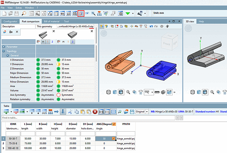3D comparison in PARTdesigner