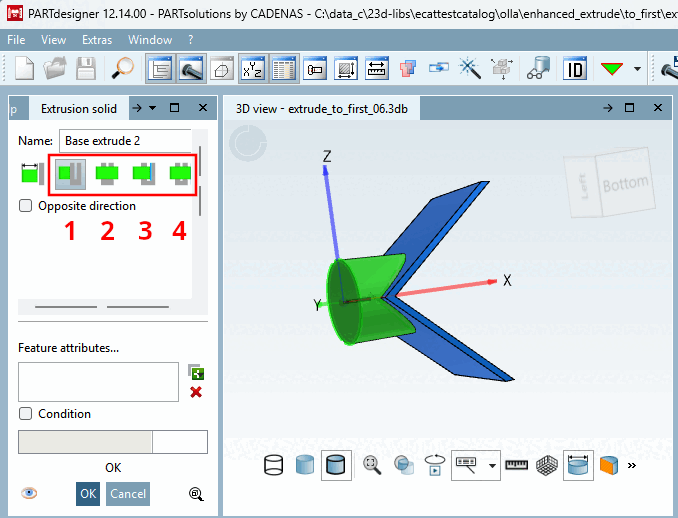 The figure shows an example of an extrude using the "To First [To first]" method.