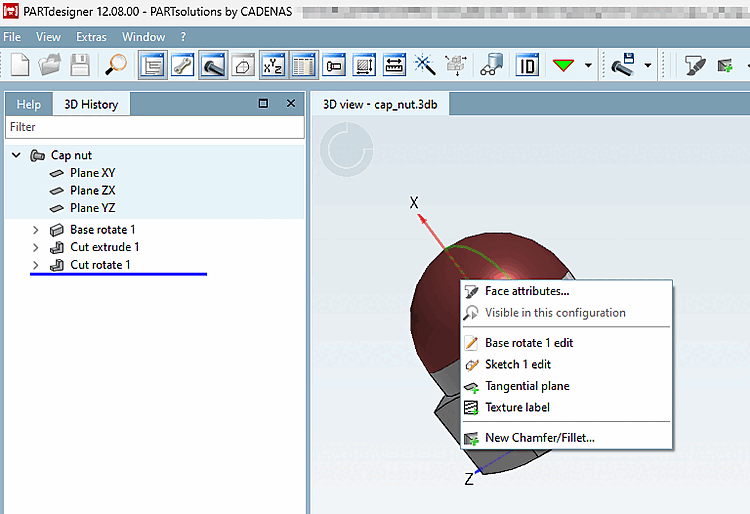 Docking window "3D view" Context menu on a curved surface