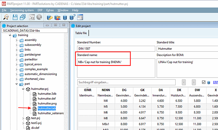 Standard name in PARTproject when selecting the tab file