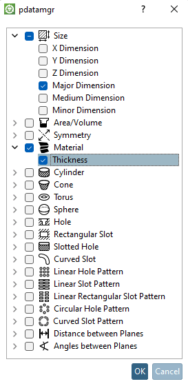 In this example, the topological attributes "Major dimension" and "Material thickness" are activated.