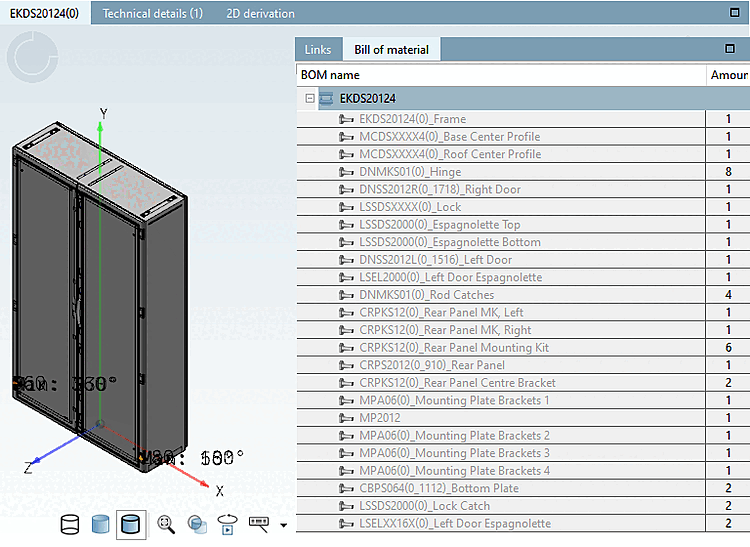 Typical control cabinet including BOM in the CADENAS view. Note the large number of components resulting from the MCAD focus, where special emphasis is placed on the geometry.