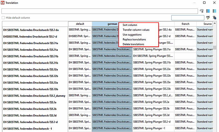 Table with context menu in column header