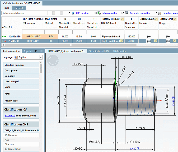 Dimensionings in PARTdataManager