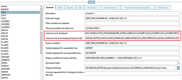 Example LOC1 - Columns to be displayed / Columns not to be displayed.(export only)