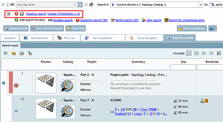 In this example, a topology search [Topology search] was carried out with "Boreholes >=10". The number of boreholes is displayed in the corresponding column.