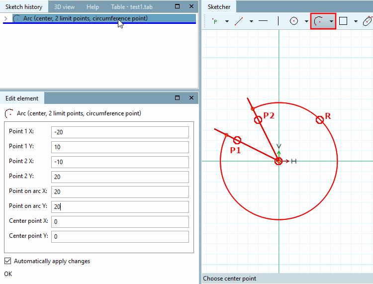 Arc over center point, point on circumference and 2 limiting points [Arc (center, 2 limit points, circumference point)]: Parameters adjusted