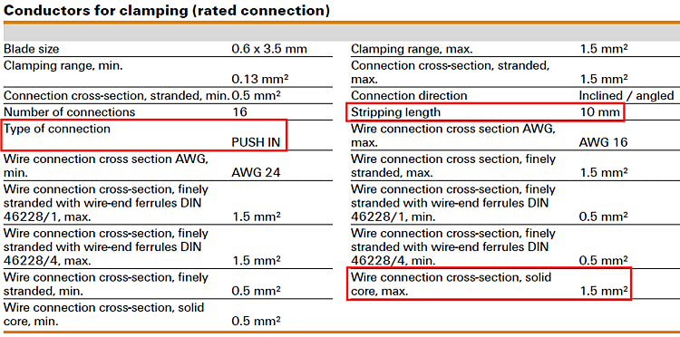 Weidmüller Terminal, Order-No. 1267910000 - Extract from data sheet: Conductors for clamping (rated connection)