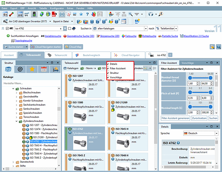 Docking window in the parts selection [Part selection]