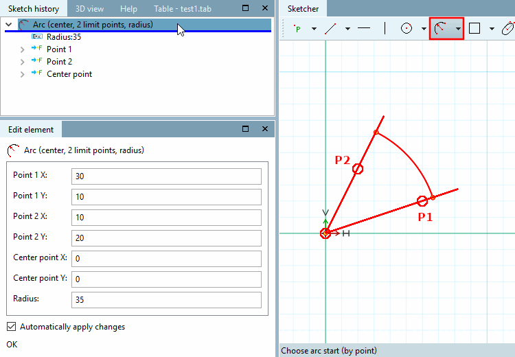 Arc over center point, 2 limiting points and radius [Arc (center, 2 limit points, radius)]: Parameters adjusted