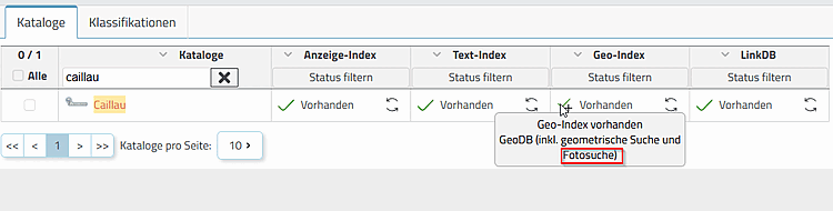 Dashboard: Tooltip shows that the "Photo search [Photo Search]" is indexed