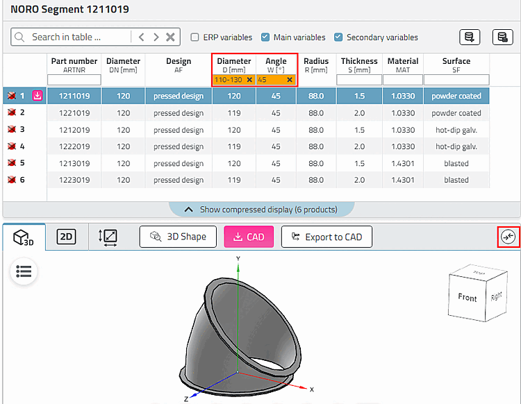 Filter table for diameter and angle