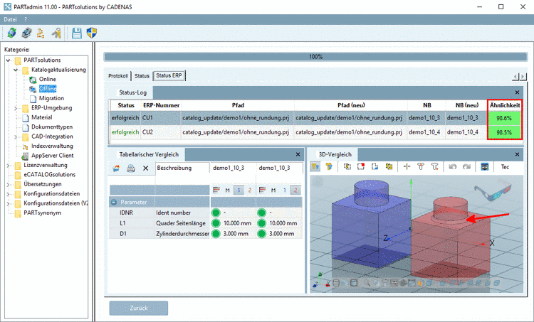 Once selecting a row in the "Status log", the respective part is loaded in the "Tabular Compare" and "3D comparison".