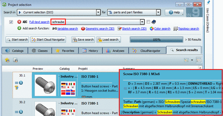 When searching for "schraube" in an english user interface in the popup window you can see that the hit is based on an accordance in path and description.