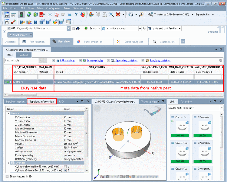 PARTdataManager Part view - Characteristic attribute table with data from ERP/PLM and CAD