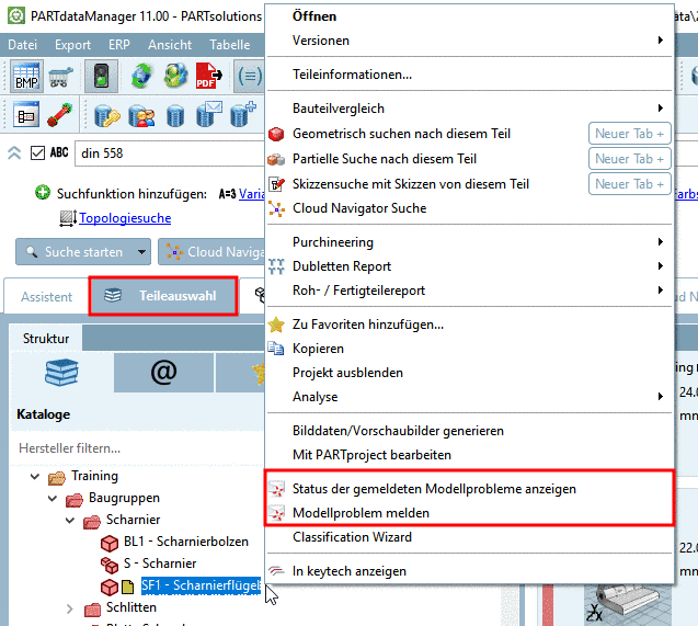 Context menu commands "Show status of reported model problems" and "Report model problem" in the index tree