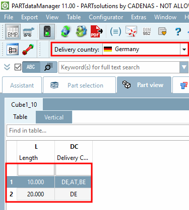 Delivery country "Germany": Two rows are shown.