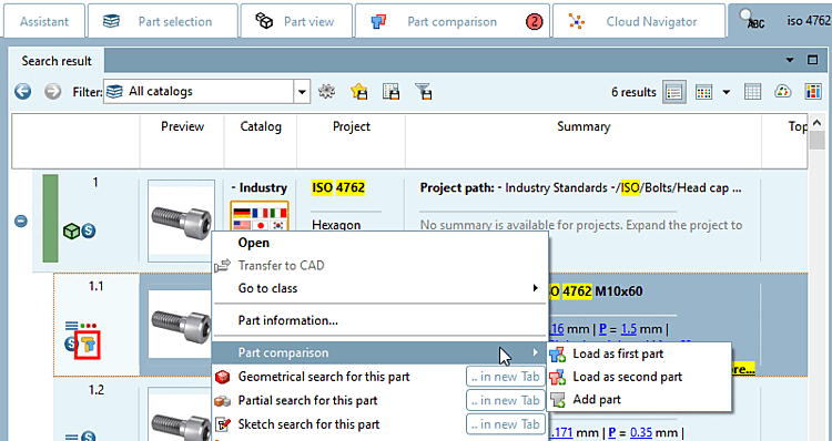 At lines which have been added to the part comparison the respective icon is displayed.