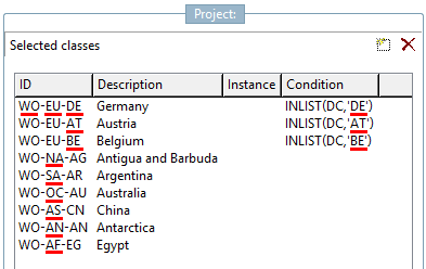 Example: For country selection "Argentina", all table rows are displayed. For country selection "Germany", only those table rows are displayed where the column "DC" has the value "DE".