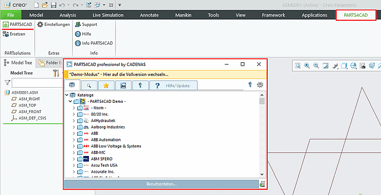 Exemplarily PARTS4CAD menu in Creo Parametric