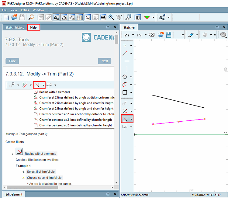 Example: Interactive help in the sketcher
