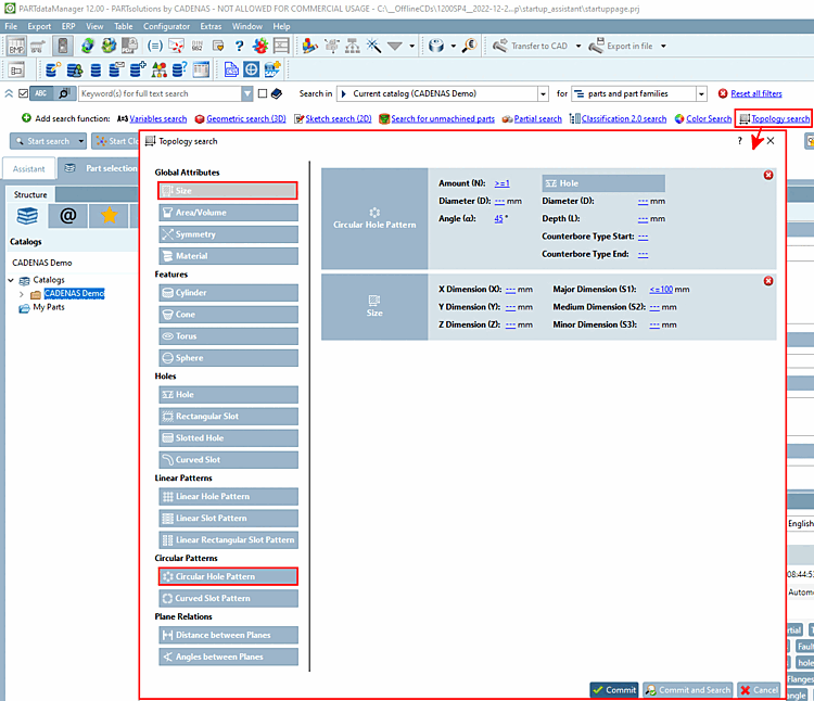 The "Topology search [Topology search] " dialog box is shown here as an example with the search conditions "Circle pattern [Circular Pattern] " and " Size "