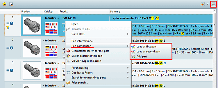 Open part comparison in "Details" view via context menu