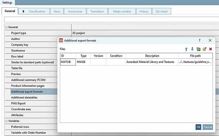 PARTproject > Tabbed page "Settings" > Section "General [General]" > Additional export formats