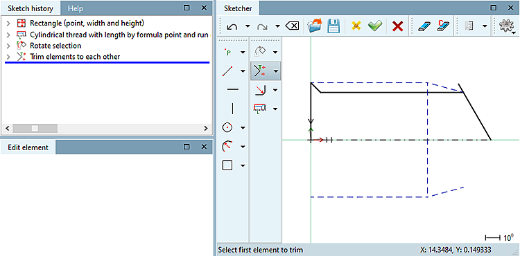 The line has been trimmed to rotation axis.