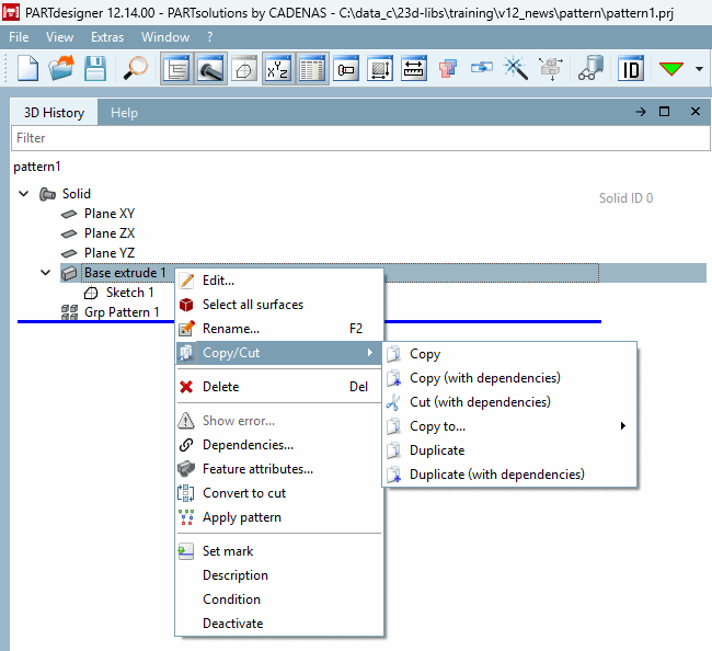 Example: "Copy/Cut" context menu command under Base extrude