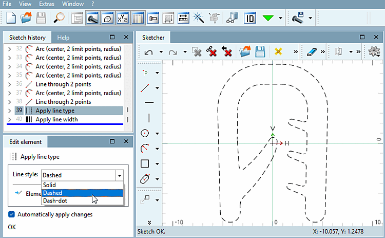 Example of a change to the line type element