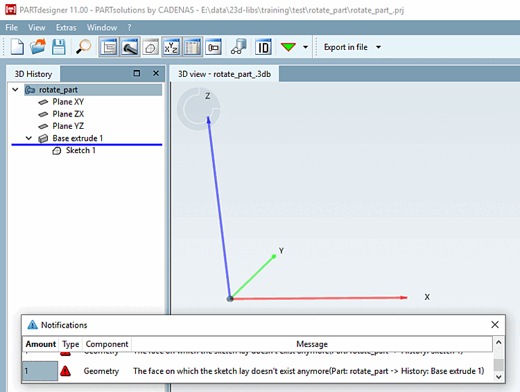 Example: Error message after deletion of automatically created plane
