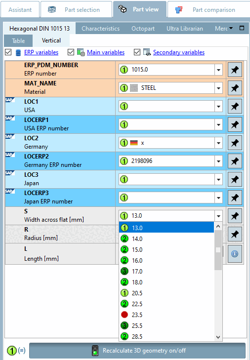 Part selection list view: Status bitmaps in the list field of the variables