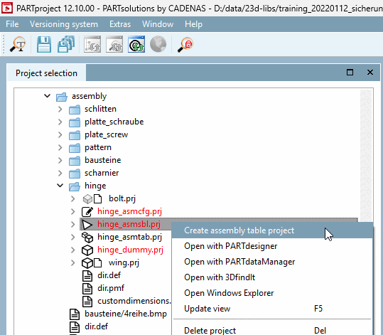 Context menu command "Create assembly table project [Create assembly table project]"
