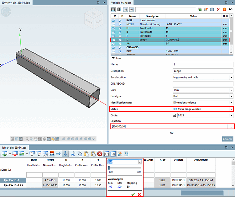 Example: Range from 100 to 300 with a specific step width (increment [Stepping] ) of 50