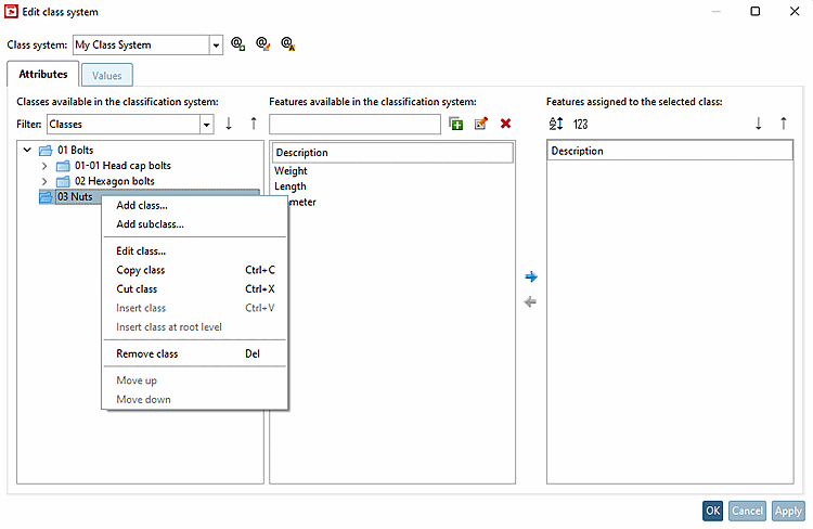 Dialog box: Edit class system