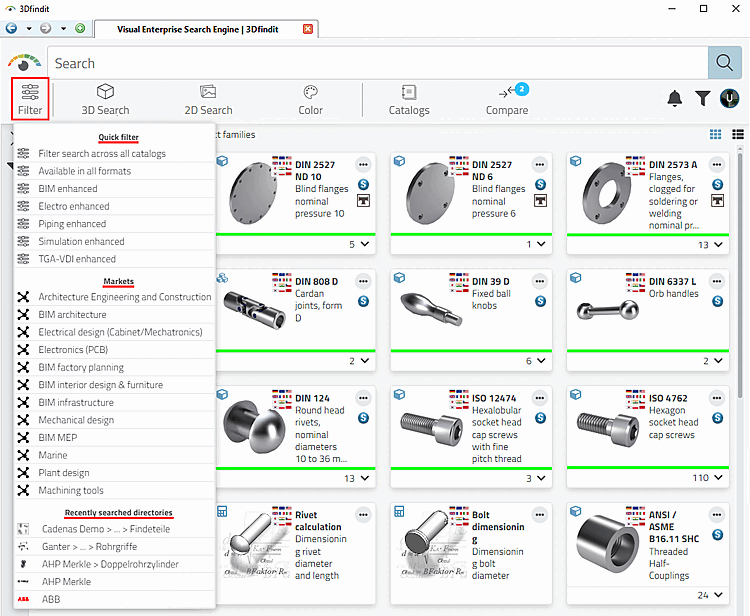 The figure shows an example of the results for "Filter [Filter search across all catalogs] search across all catalogs".When selecting "Filter search [Filter search across all catalogs] across all catalogs", the results are completely unspecific during the first load, but depend on the setting under $CADENAS_SETUP/partsol.cfg > FULLTEXTSEARCH > SimilarityFactor. The standard catalog is prioritized by default.