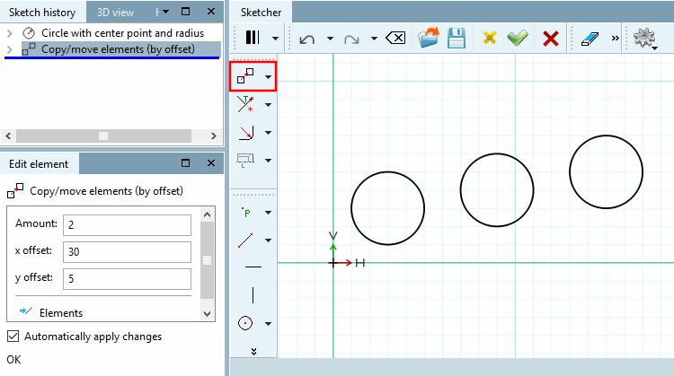 The illustration shows the original and 2 copies, each shifted with an X offset [x offset] of 30 and a Y offset [y offset] of 5.