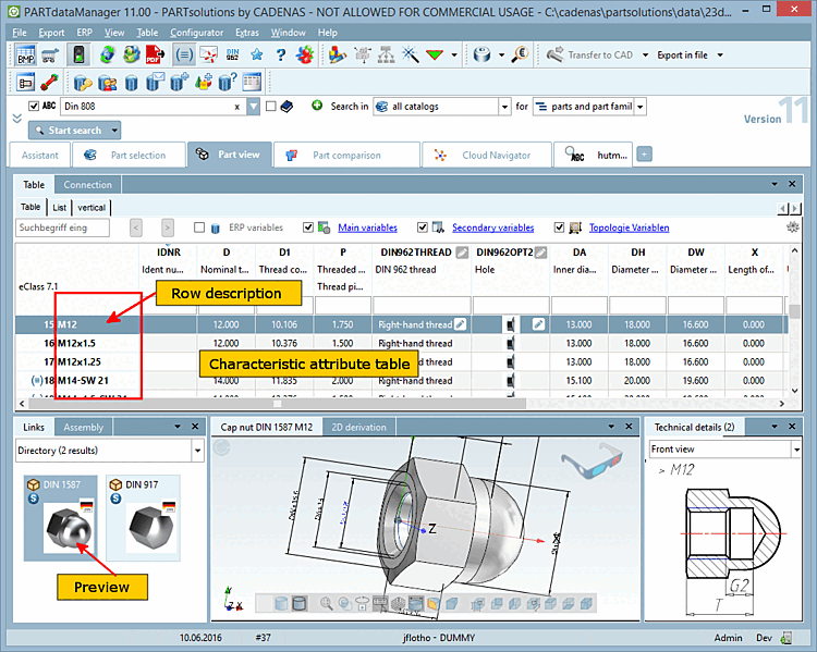 Line description [Row label], characteristic attribute table, preview [Preview]