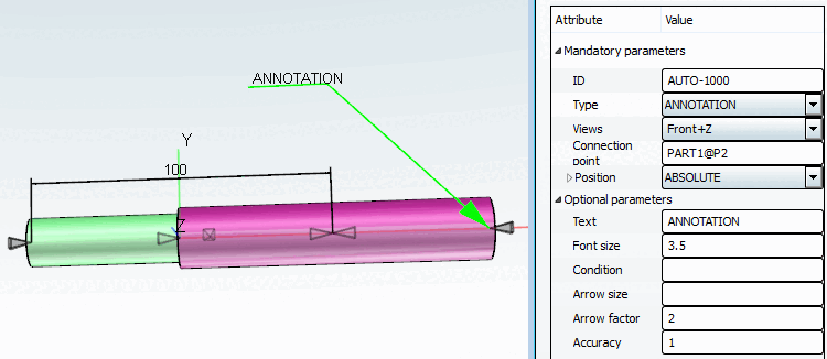 The arrow is drawn to the specified connection point. The lower left position of the annotation is determined via "Position [Position] " in relation to the zero point of the coordinate system.
