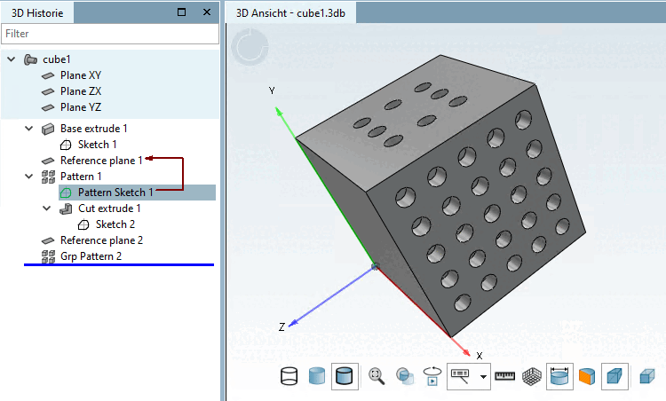 The pattern above "Pattern 1" has been created with the Wizard, then changed in a pattern for manual editing (in order to remove one element), the lateral pattern "Grp Pattern 2" has been created via Wizard.