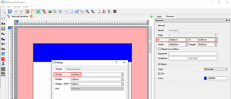Example: The blue rectangle considers the margin and completely fills out the available width of the work area.