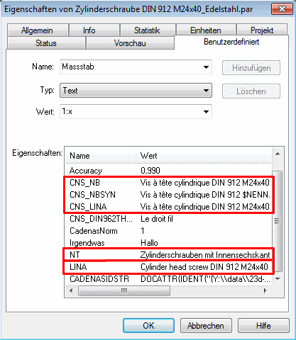 French version for standard attributes (block "AttributeMapping(is3d"); German for the user-defined attributes (block "CadDocumentAttributes" )and English for the user-define attributes with explicit language specification (special entry in configuration file)