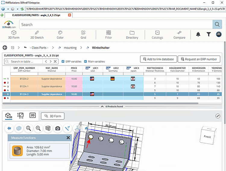 Exemplary characteristic table in 3Dfindit